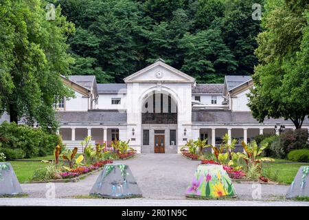 Heiße Quellen von Chambert, Bagnères-de-Luchon, Gebirge der Pyrenäen, Frankreich. Stockfoto