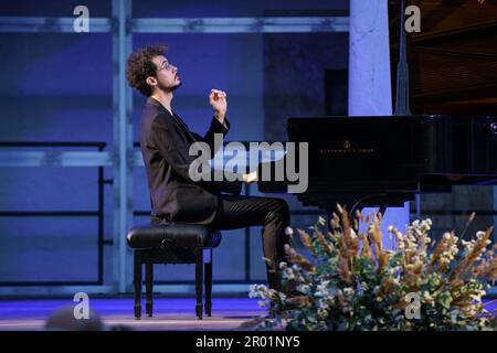 Can Cakmur, Solo-Klavierkonzert, Brahms-Pollencia-Festival, Mallorca, Balearen, Spanien. Stockfoto