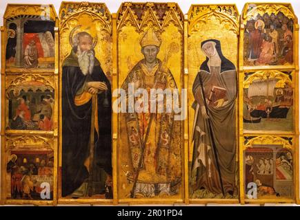 Altar von St. Nikolaus, St. Anthony und St. Clare, 14. Jahrhundert, Tempera an der Tafel, Pere Marcol, Kirche St. Nicolas von Portopi, Museu de Mallorca, Palma, Mallorca, Balearen, Spanien. Stockfoto