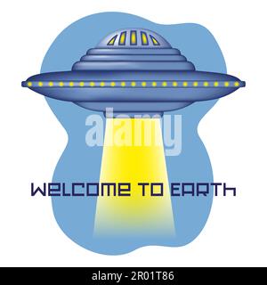 Feiern Sie den Welt-UFO-Tag und laden Sie Außerirdische mit diesem Vektorplakat ein, auf dem ein UFO gezeigt wird, das abhebt und eine Brigg ausstrahlt Stock Vektor
