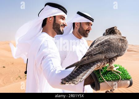 Zwei Männer aus dem Mittleren Osten, die traditionelle arabische kandura tragen, sich in der Wüste verbinden und einen Falken halten, arabische muslimische Freunde, die sich dort treffen Stockfoto