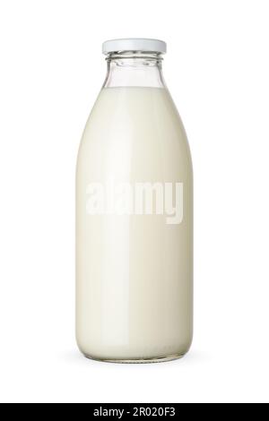 Klassische Milchflasche aus Glas, isoliert auf weißem Hintergrund. Stockfoto