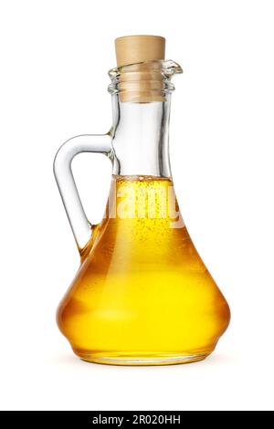 Nicht raffiniertes Sonnenblumenöl in Glasflasche oder -Behälter mit Kork auf weißem Hintergrund isoliert. Stockfoto