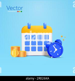 3D Kalender mit Wecker, Stapel Münzen, isoliert auf Hintergrund. Designkonzept für Sparen, Investitionen, Finanzen, Handel. 3D-Vektordarstellung. Vektordarstellung Stock Vektor