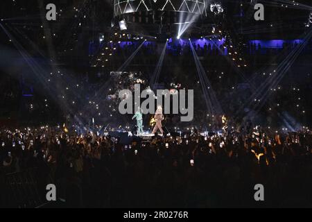 Sänger Quevedo bei einem Konzert im Wizink Center in Madrid, Spanien am 5. Mai 2023. Der kanarische Künstler hat mit seiner DQE Tour durch ganz Spanien gereist. (Foto: Alvaro Laguna/Pacific Press/Sipa USA) Stockfoto