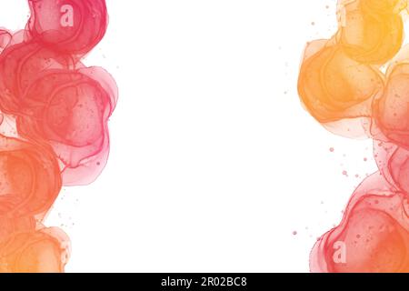 Alkoholtinte Art Abstract Frame. Rosafarbene und orangefarbene Verlaufskreise mit flüssigen und wasserförmigen Texturen auf der linken und rechten Seite Stockfoto