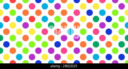 Leuchtendes, nahtloses Pokadot-Muster. Abstrakter mehrfarbiger Vektorhintergrund mit Polka-Punkten. Lustige Tapete mit Kreisen. Moderne, einfache geometrische Pop Art BA Stock Vektor
