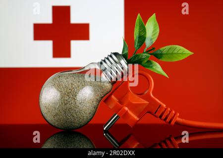 Stöpsel, Pflanze wächst in der Glühbirne und Tonga-Flagge. Konzept für umweltfreundliche erneuerbare Energien. Stockfoto