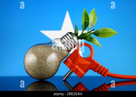 Stöpsel, Pflanze wächst in der Glühbirne und Somalia-Flagge. Konzept für umweltfreundliche erneuerbare Energien. Stockfoto