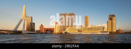 Rotterdam, Niederlande - Maas mit Erasmus-Brücke, De Rotterdam, KPN Telecom Tower, World Port Center Rotterdam und Kreuzfahrtschiff bei Sonnenuntergang Stockfoto