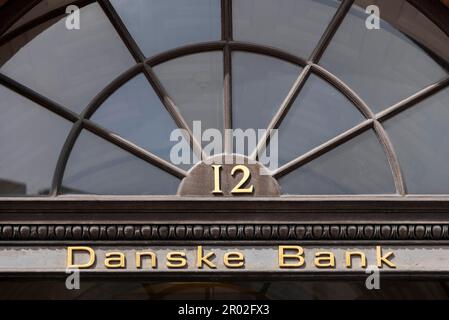 Lettering Danske Bank, größte dänische Bank mit Hauptsitz in Kopenhagen, Dänemark Stockfoto