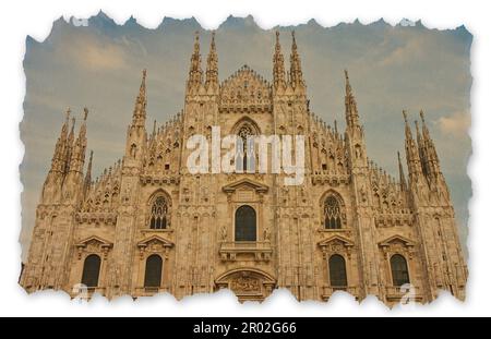 Fassade der gotischen Kathedrale in Mailand (Lombardei - Italien) - Konzeptbild im Retro-Stil mit recyceltem Karton mit abgerissenen Kanten. Stockfoto