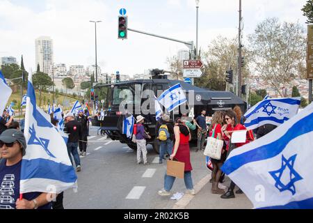 Istael, Demonstration gegen die israelische Regierung, Protest gegen die Justizreform, Jerusalem Stockfoto