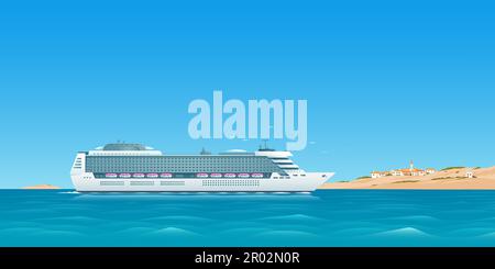 Weißes Kreuzfahrtschiff schwimmt auf dem Meer in der Nähe einer Insel mit einer alten Stadt im mediterranen Stil. Reisen auf dem Meer. Vektordarstellung. Stock Vektor