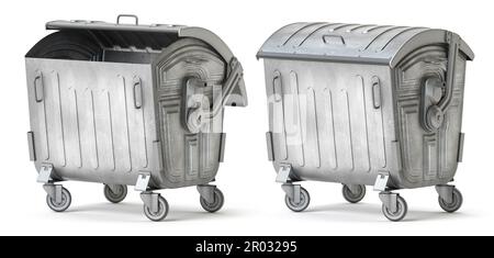Metallabfallbehälter oder Abfallbehälter auf weiß isoliert. 3D Abbildung Stockfoto