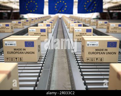 Hergestellt in der Europäischen Union. Kartons mit Text Made in European Union und EU-Flagge auf dem Rollenförderer. 3D Abbildung Stockfoto