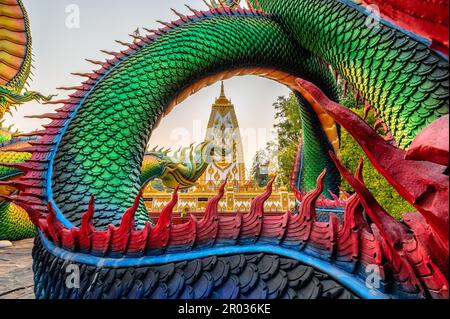 Regenbogen schnitzen Schlange oder bunte Thai Naga rund um Sri Maha Pho Chedi Stupa in den Sonnenuntergang am Wat Phra That Nong Bua, Ubon Ratchathani Stockfoto