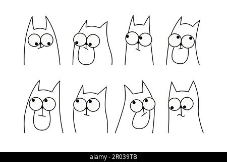 Süße Comic-Katzen mit großen Augen. Handgezeichnete einfarbige Skizze eines lustigen Katzencharakters mit Ausdrücken für Symbole. Vektordarstellung. Stock Vektor