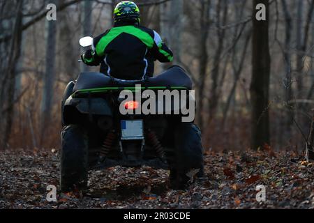 Ein junger Mann, der einen Helm trägt und nachts auf einem Allradfahrzeug durch einen Wald fährt Stockfoto