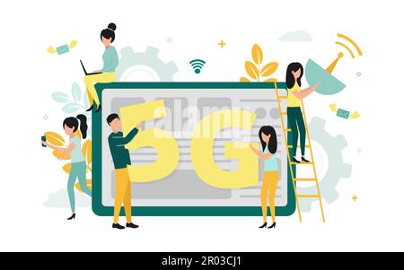 Vektordarstellung des 5G-Internets. In der Nähe des Tablets halten die Leute die Nummer 5, den Buchstaben G, das Smartphone, den Laptop, die Antenne, Im Hintergrund des Netzwerks Stock Vektor