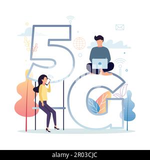 5G mobiles Internet. Ein Mann mit einem Laptop sitzt auf dem Buchstaben G, eine Frau mit einem Smartphone sitzt an der Nummer 5 auf einer Bank, vor dem Hintergrund von Stock Vektor
