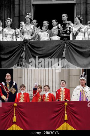 Eine Bildkomposition von 02/06/53, die Königin Elizabeth II., Prinz Charles, Prinzessin Anne, den Herzog von Edinburgh, die Königinmutter und Prinzessin Margaret auf dem Balkon nach der Krönung der Königin zeigt, Und 06/05/23, der Prinz von Wales, die Königsseiten der Ehre, einschließlich Prinz George, Lord Oliver Cholmondley, Nicholas Barclay, Ralph Tollemache und König Charles III. Heute am selben Ort. Foto: Samstag, 6. Mai 2023. Stockfoto