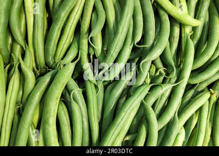 Nahaufnahme eines Stapels grüner Bohnen in einem Marktstand. Stockfoto