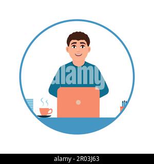 Avatar eines jungen Mannes, der mit einem Laptop, einem Vollzeit-Büroangestellten oder Freiberufler arbeitet. Professionelle Vektordarstellung des Mannes Stock Vektor