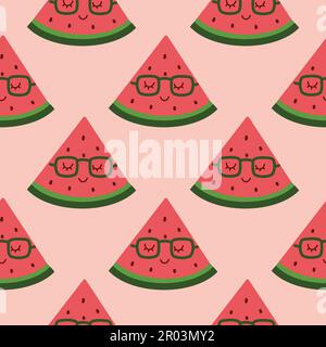 Farbenfrohes, nahtloses Muster mit Wassermelone auf pinkfarbenem Hintergrund. Im Sommer genießen Sie köstliche, erfrischende Früchte. Stock Vektor