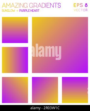 Farbenfrohe Farbverläufe in sunglow, violetten Herztönen. Bezaubernder verlaufender Hintergrund, hervorragende Vektordarstellung. Stock Vektor