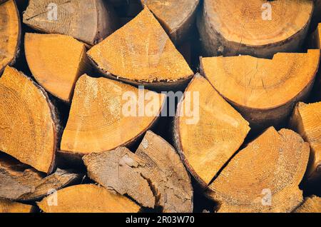 Baumstämme füllen den gesamten Rahmen. Hintergrund von trockenen gehackten Holzstämmen, die auf einem Stapel aufeinander gestapelt sind. Stockfoto