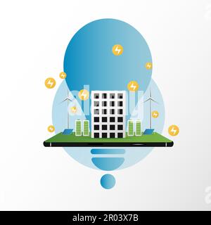 Architektur ökologisch nachhaltiges Umweltkonzept. Gebäude mit Ökologie, Nachhaltigkeit, Sonnenkollektoren, Windmühle, Natur auf mobilen und grünen Farben, Stock Vektor