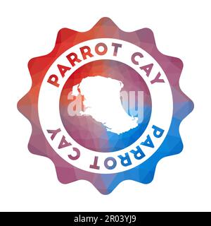 Parrot Cay Low Poly Logo. Farbenfrohes Logo der Insel für Steigungen im geometrischen Stil. Mehrfarbiges, polygonales Papageienschild mit abgerundetem Symbol und Karte für Stock Vektor