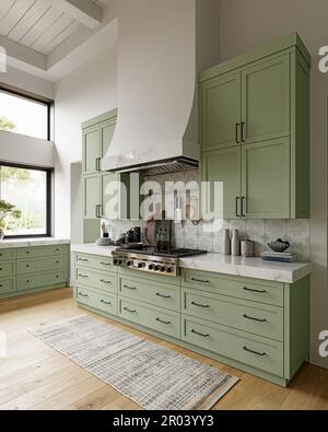 3D Abbildung einer modernen Küche im klassischen Stil. Design wird gerendert Stockfoto