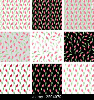 Ein Set nahtloser Muster mit Tulpenblüten. Stock Vektor