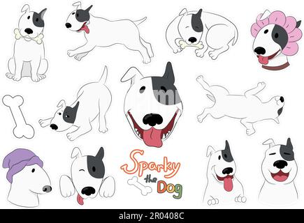 Zeichentrickhund-Aufkleber mit einem lustigen Bullen-Terrier Sparky, isoliert auf Weiß. Handgezeichnete Vektorgrafiken Stock Vektor