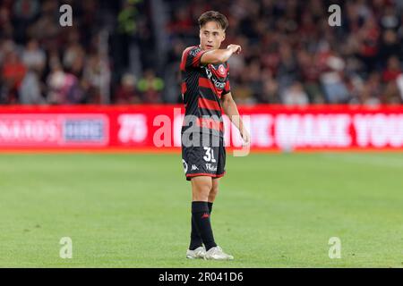 Sydney, Australien. 06. Mai 2023. Aidan Simons von den Wanderers schaut beim Eliminationsfinale zwischen den Wanderers und dem FC Sydney im CommBank Stadium am 6. Mai 2023 in Sydney, Australien. Kredit: IOIO IMAGES/Alamy Live News Stockfoto