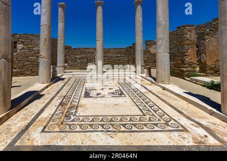 Das "Haus des Dionysos" in der archäologischen Stätte von der "Heilige" Insel Delos. Kykladen, Griechenland. Stockfoto