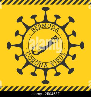 Corona-Virus im Bermuda-Zeichen. Runde Abzeichen mit Form des Virus und Bermuda Karte. Gelbe Insel-Epidemie-Lockdown-Stempel. Vektorabbildung. Stock Vektor