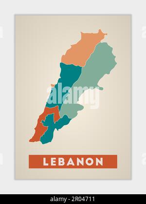Libanesisches Poster. Landkarte mit bunten Regionen. Form des Libanon mit Ländername. Tolle Vektordarstellung. Stock Vektor