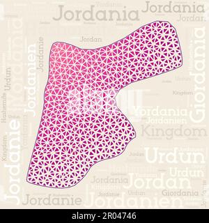 Jordan Kartendesign. Ländernamen in verschiedenen Sprachen und Kartenform mit geometrischen niedrigen Poly-Dreiecken. Wunderschöne Vektor-Illustration von Jordanien. Stock Vektor