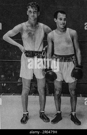 Olympische Spiele 1932, Los Angeles. Das Federgewichtsboxfinale Josef Schleinkofer (Deutschland) gegen Ambrosio Robledo (Argentinien). Robledo hat Punkte gewonnen. Stockfoto