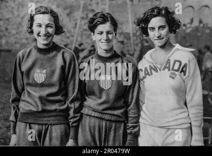 Olympiade 1932, Los Angeles. Die Finalisten des High-Jump-Events. Gold ging an Jean Shiley (USA) Silber an Babe Didrikson (USA) und Bronze an Eva Dawes (Kanada) Stockfoto