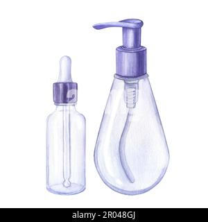 Violette transparente Pipettenspenderflasche aus Kunststoffglas für kosmetische Pipetten. Handzeichnen von Aquarellfarben isoliert auf weißem Hintergrund. Hautpflegeprodukte Stockfoto