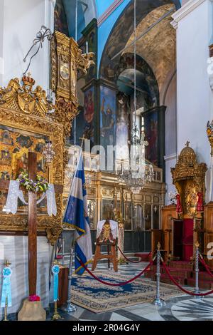 Innere der orthodoxen Kathedrale im Zentrum von Chania, Kreta, Griechenland. Stockfoto