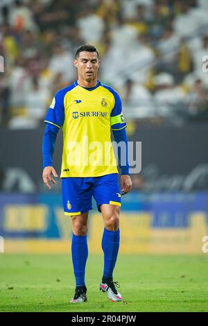 Cristiano Ronaldo vom FC Al-Nassr Gesten gegen den FC Al-Raed während des SAFF Roshn Saudi Pro League 2023-24 Match Day 24 im Al-Awwal Park Stadium am 29. April 2023 in Riad, Saudi-Arabien. Foto: Victor Fraile / Power Sport Images Stockfoto