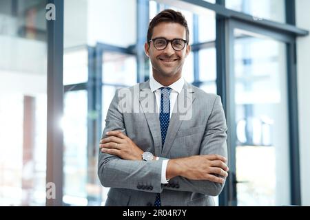 Ich tue mein Bestes, um Erfolg zu haben. Porträt eines gut gekleideten Geschäftsmannes, der in seinem Büro steht. Stockfoto