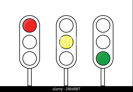 Ampel-Doodle-Abbildung mit drei Ampeln. Farbenfrohe Straßenschilder. Stock Vektor
