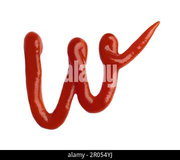 Buchstabe W mit Ketchup auf weißem Hintergrund Stockfoto