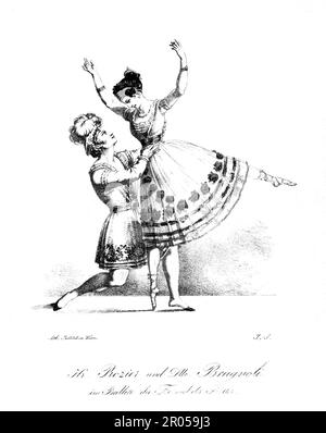 1825 Ca , WIEN , ÖSTERREICH : die gefeierte italienische Ballerina AMALIA BRUGNOLI SAMENGO ( Samingo , 1802 - 1892 ) , in diesem Bild mit Tänzer ROZIER im Ballett " die Feé und det Ritter " . Verheiratet mit dem Coreographen und Tänzer PAOLO SAMENGO ( 1797 - 1863 ) in Neapel ( Italien ), 1828 . Porträt von J. S., gedruckt in Wien. - GESCHICHTE - FOTO STORICHE - BALLERINA - CHOREOGRAPHER - COREOGRAFO - Ballett - BALLETTO CLASSICO - Theater - TEATRO - TANZ - DANZA - KLASSIK - Tänzer - Incisione - Gravur - Illustration - Ballerino - Ballerina - Duo - Duetto - OTTOCENTO - '800 - 800 - Stockfoto